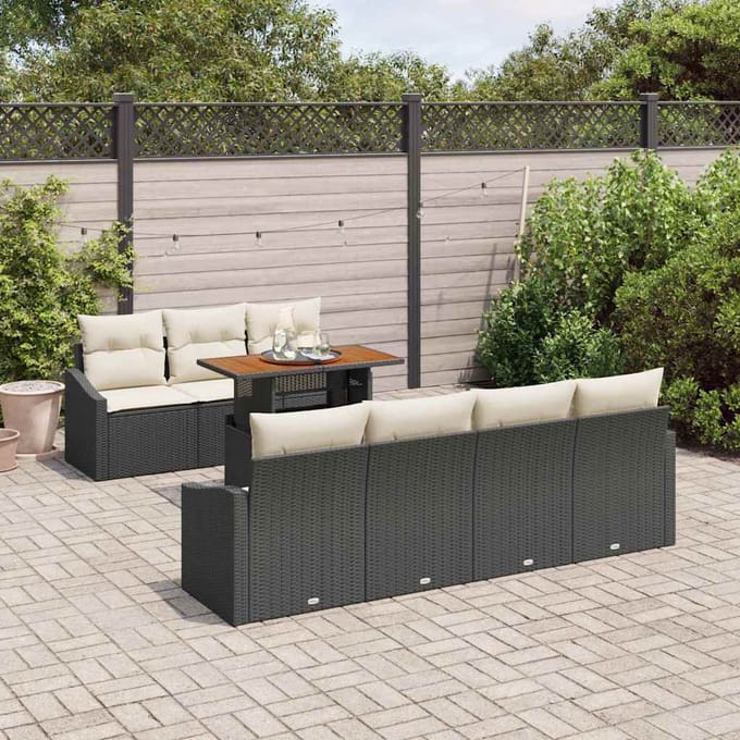 vidaXL Tuin Eettafel Set met kussen 8 pcs Zwart en Crème