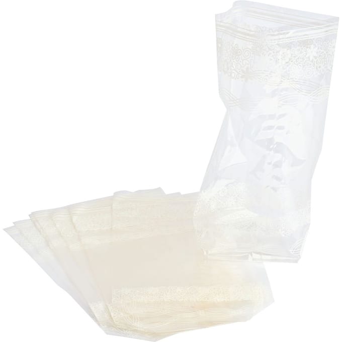 Cellofaanzakken met witte kantbedrukking, 10 stuks - 14,5 x 23,5 cm