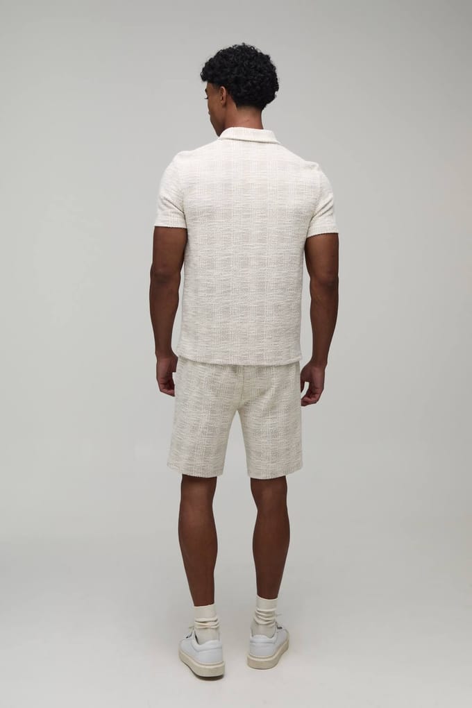 Slim Fit Bouclé Geruit Polo & Shorts Set Met Rits | Stone | Size Medium