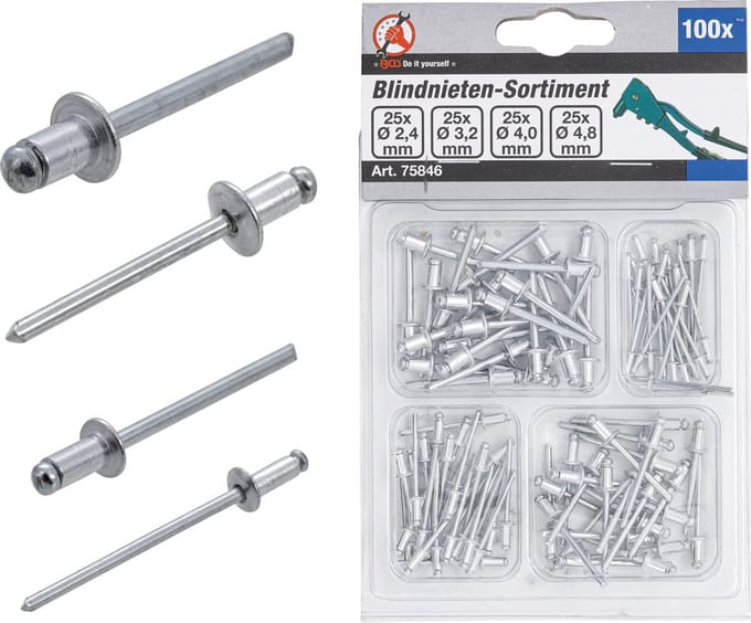 BGS Popnagel assortiment - Ø 2,4 t/m 4,8 mm - 100 delig