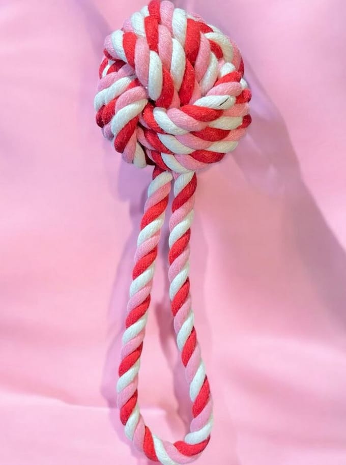 Hondenspeelgoed gevlochten bal met touw roze/wit 20 cm