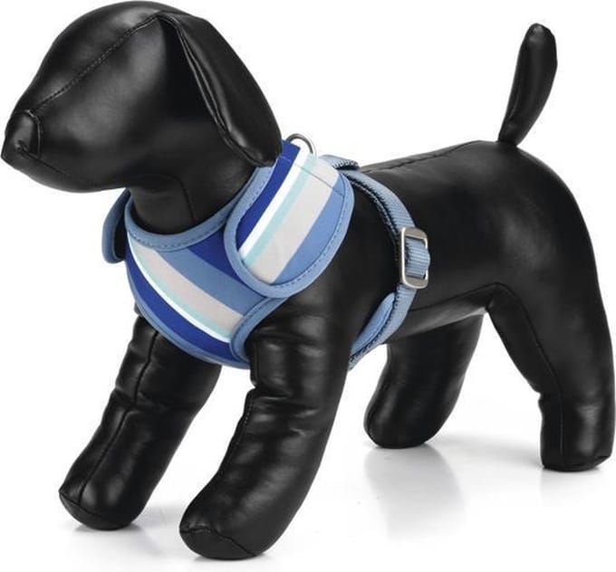 Polyester borsttuig Diago. Blauw, verstelbaar.