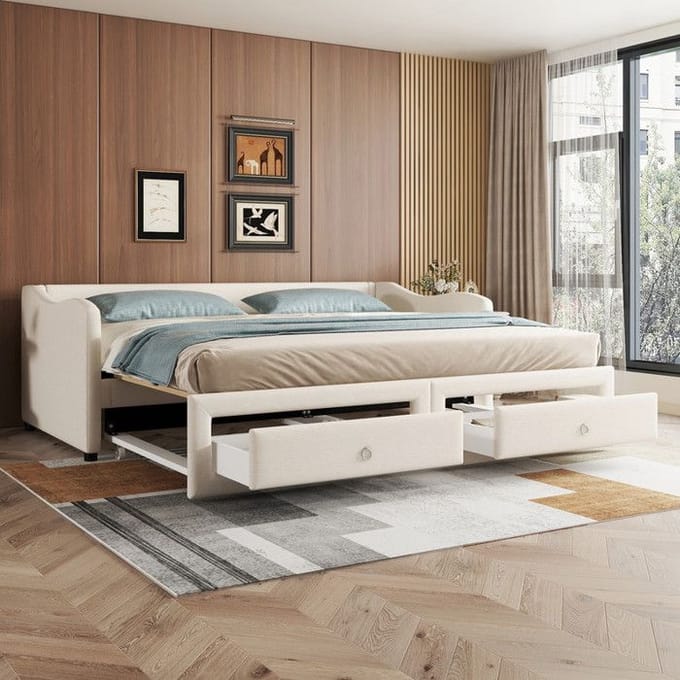 Dagbed - MUVOE - 90x200 cm - Beige - Klapbed - 2 opberglades beige