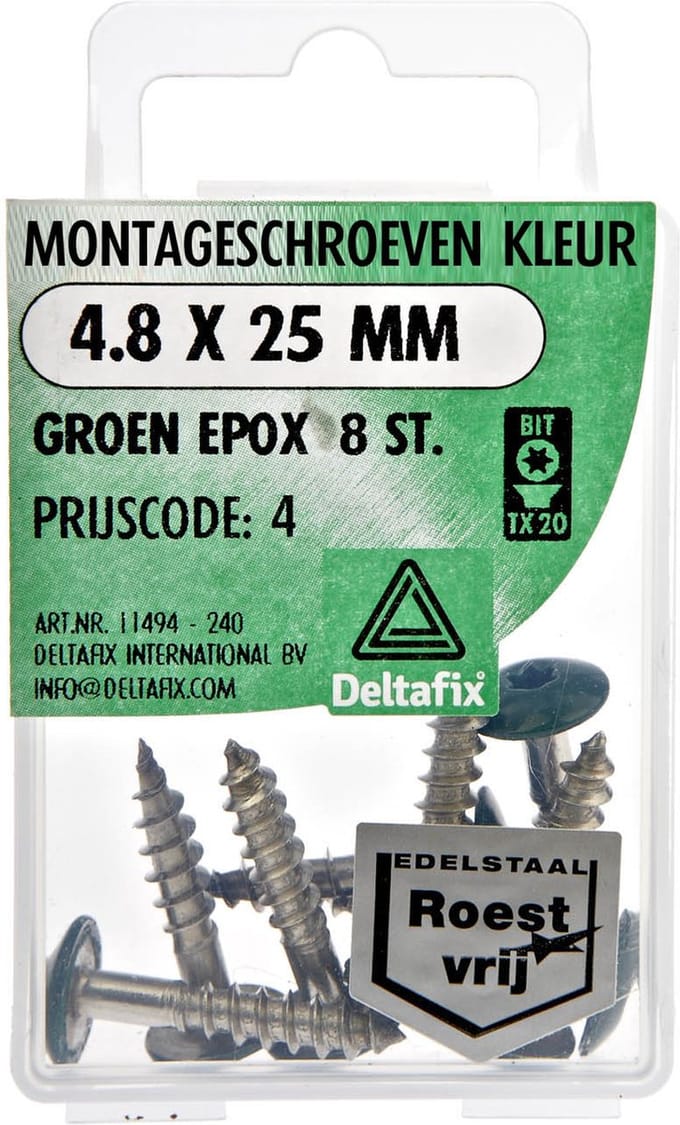 Deltafix montageschroef kleur standaard r.v.s. a2 / groen 4.8 x 25 mm 8 st.