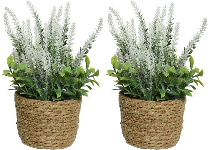 Everlands Lavendel - 2x - kunstplant in plantenmand - wit - D12 x H26 cm