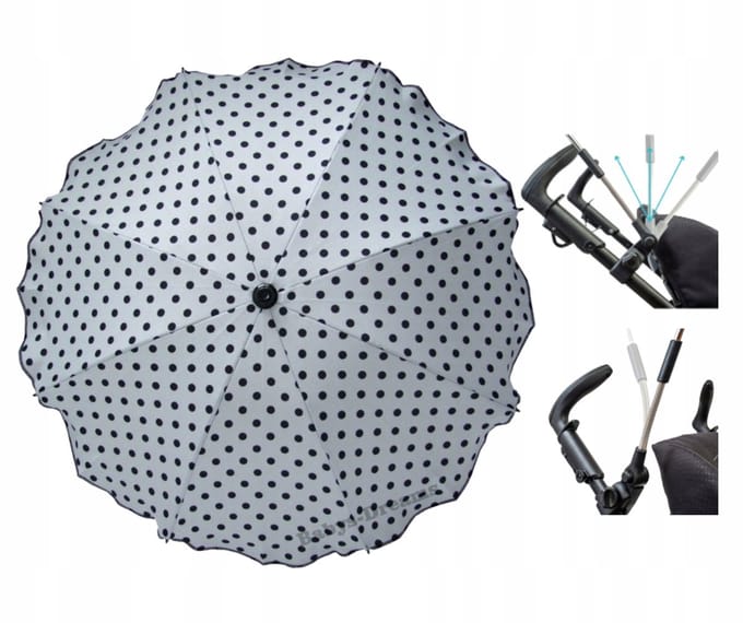 Zonne-/regenscherm kinderwagen wit met zwarte stippen, UV50+