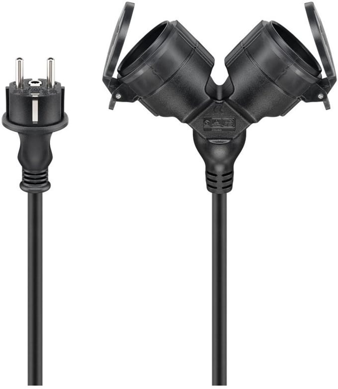 Pro Outdoor Double Extension Cable - Voeding (CEE 7/7) - Type E/F Stekker - 5m - Zwart