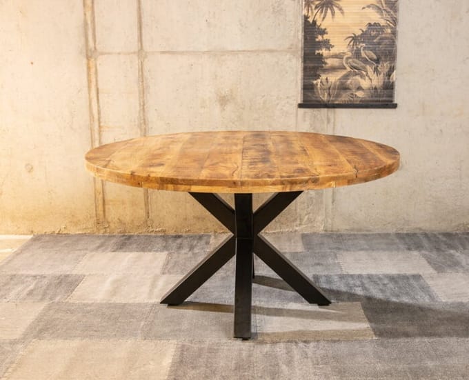 Meubelplaats Ronde Mango Eettafel Spider 160x160x77 cm - Industrieel Design - Massief Mangohout