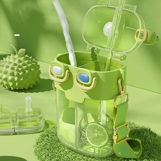 Kawaii Waterfles Mode Plastic Dubbele Drinkwaterfles met Rietje Verstelbare Riem voor Lime 780ml