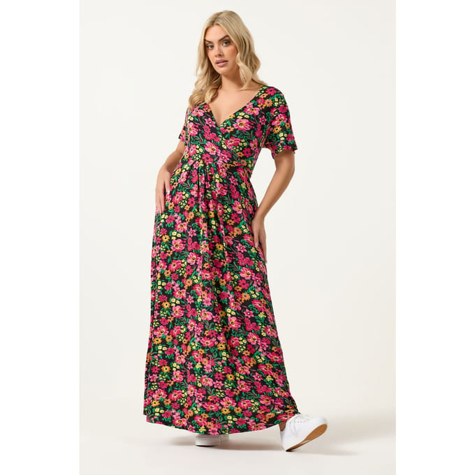 Yours Zwarte En Roze Wikkeljurk Met Bloemenprint Size 46
