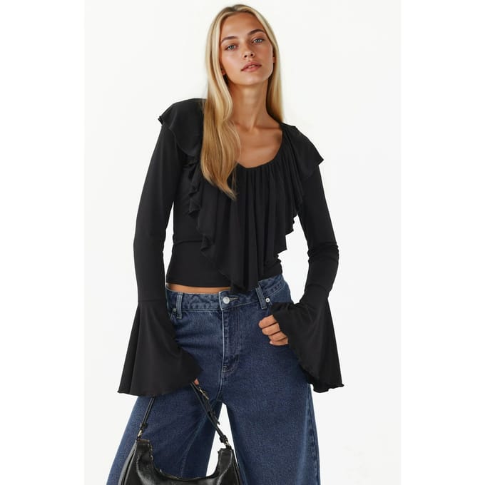 Rimpelende V-hals Elastische Gebreide Blouse