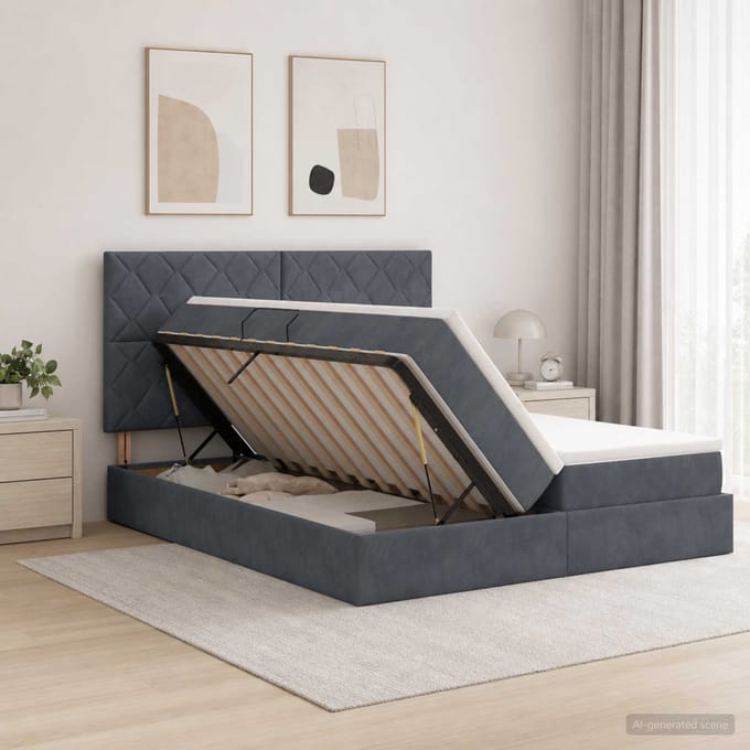 vidaXL - LED - opbergbed - met - matras - Donkergrijs - 200 - x - 200 - cm - Fluweel