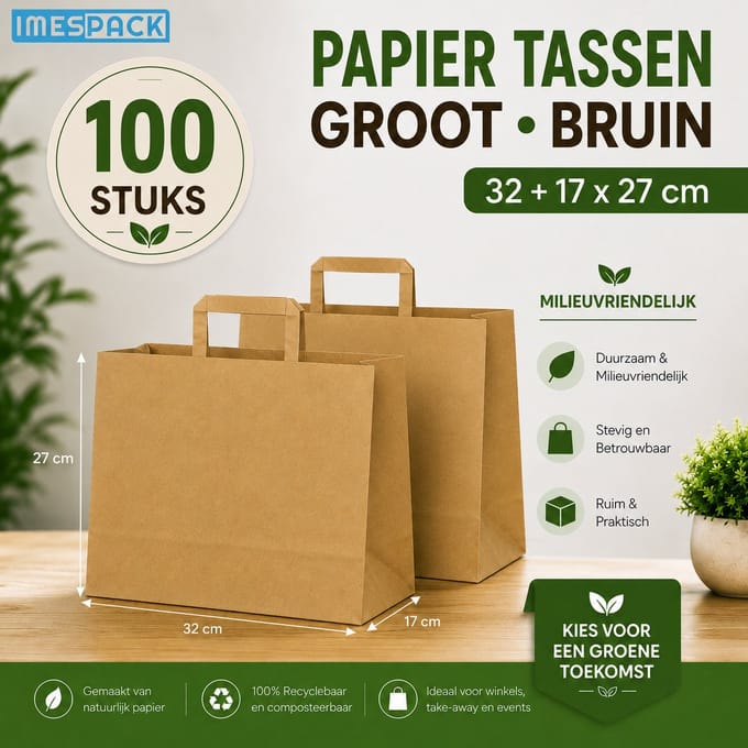 Papieren Draagtas Bruin - 32+17x27 cm - Groot - 100 Stuks - Kraft - IMES PACK