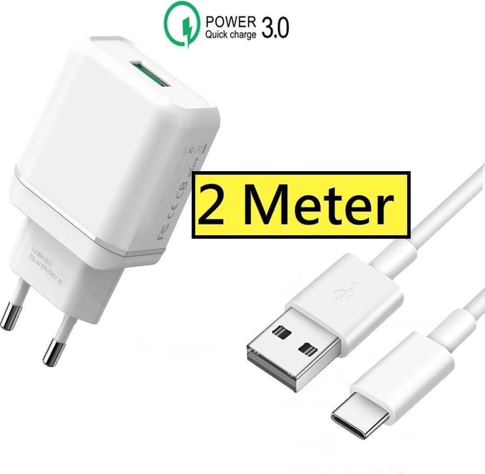 Oplader usb 18w + Lange usb-A naar usb-C kabel 2 Meter - 5V 3A - 18w - Snel oplader - Usb stekker - Telefoon oplader - Set