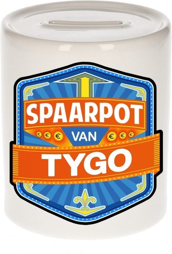 Bellatio Decorations Kinder spaarpot met naam - Tygo - keramiek - met dop - wit - Sparen - Spaargeld van Tygo