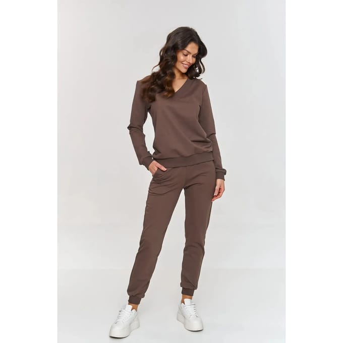 V-hals sweatshirt set en joggingsbroek voor dames Makadamia
