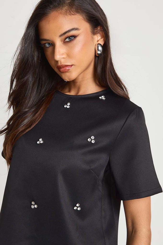 boohoo Dames Diamante Boxy Crepe T-Shirt | Black | Maat: 8
