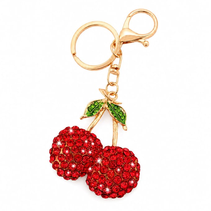 Tashanger dames rode kersen met strass - goudkleurig metaal - 10 cm lang