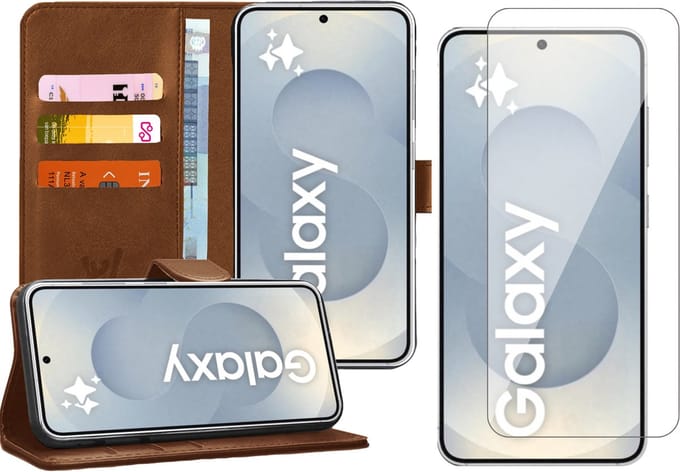 Hoesje geschikt voor Samsung Galaxy S25 Plus - Screenprotector Glas - Portemonnee Book Case Bruin