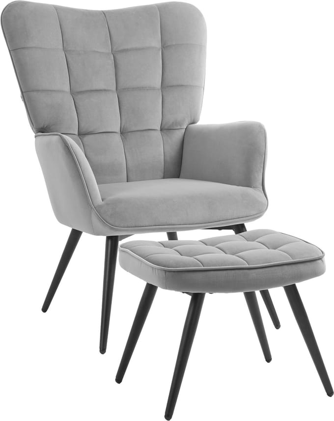 HOMCOM-Relaxsessel mit Fußhocker-Stahl, Polyester-73L x 77,5B x 98H cm-Hellgrau