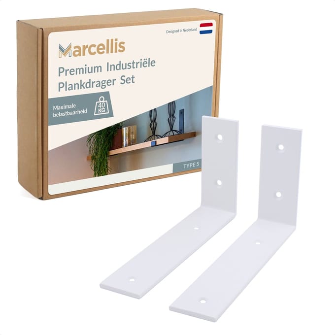 Marcellis - 2x Industriële plankdrager - Voor plank 20 tot 25cm + schroefset - mat wit - staal - T5