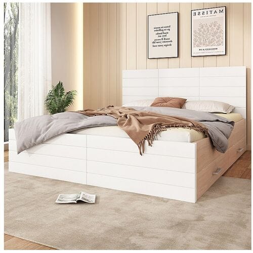 KOMHTOM Houten tweepersoonsbed 180 x 200 cm met 2 laden, set eik + wit