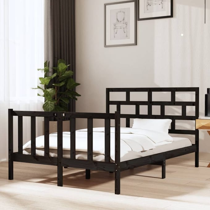 vidaXL - Bedframe - massief - grenenhout - zwart - 135x190 - cm