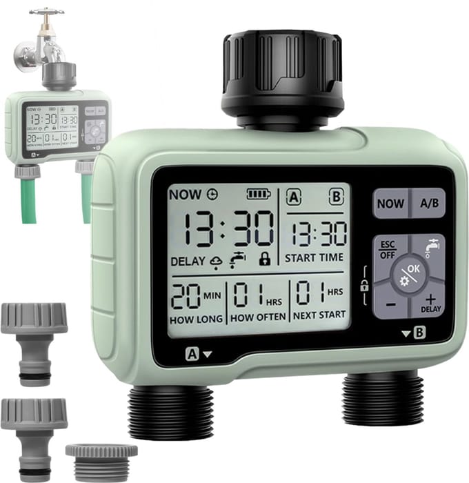 HEZIVO® Beregeningscomputer - Watertimer - Irrigatietimer - 2 Bestuurbare Uitgangen - Met Regenvertraging - LCD-display