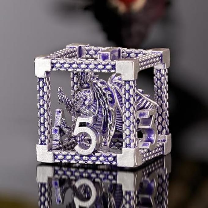 Polyedrisch Dobbelset voor Rollenspellen - Metaalset met Draken Motief in Violet en Wit