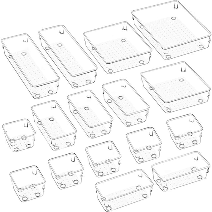 16PCS lade-organizerbox met antislip siliconen pads 5-formaat bureaulade-organizerlades Opslag 16pcs transparant