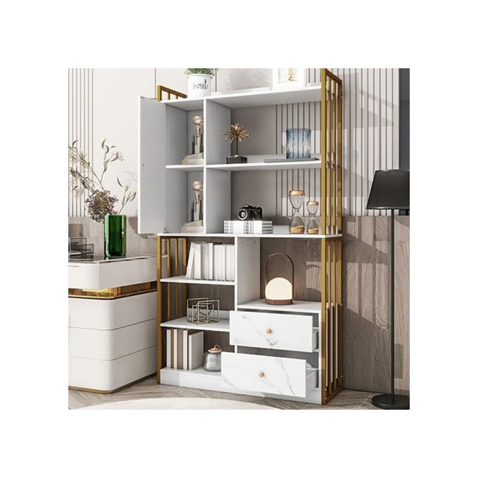 Bibliothèque - MUVOE - 6 étagères - Blanc marbré - Portes et tiroirs - Élégance chic blanc