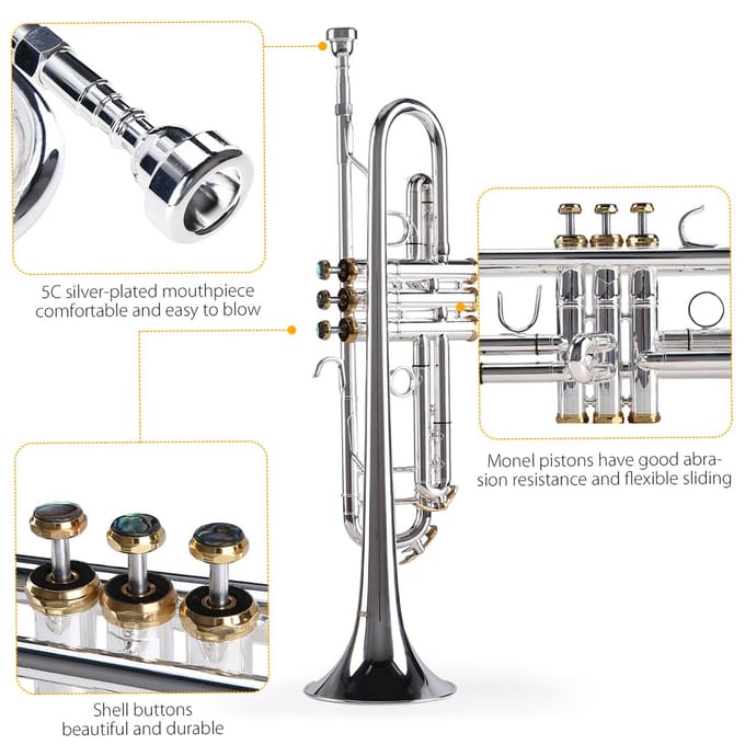Trompette professionnelle Bb, matériau en laiton, Surface plaquée argent, beaux boutons de coque, vent argenté