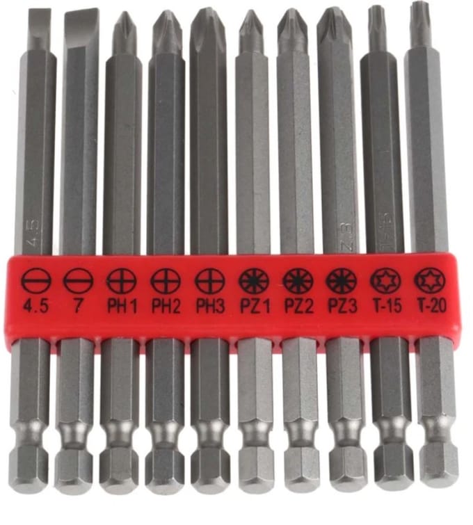 10-delige lange bitjes set- Schroevendraaier / schroeftol bits - 15cm - PZ, PH en Torx - CR-V staal - Screwdriver bits set - Klusgereedschap - Jonyx