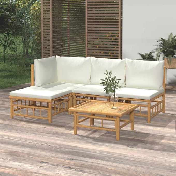 vidaXL - 5-delige - Loungeset - met - kussens - bamboe - crèmewit