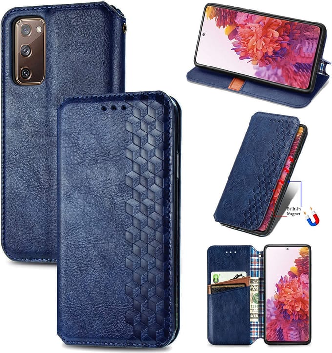 Luxe PU Lederen Ruitpatroon Wallet Case + PMMA Screenprotector voor Galaxy S20 FE 4G/5G _ Blauw