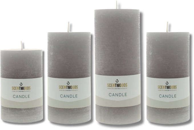 Scentmoods Rustieke Kaars Set Grijs – Set van 4 Tijdloze Stompkaars en Dinerkaars in Neutrale Tint