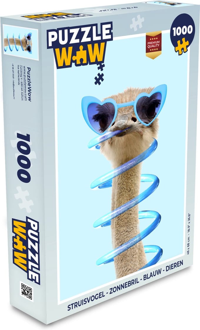 Puzzel Struisvogel - Zonnebril - Blauw - Dieren - Legpuzzel - Puzzel 1000 stukjes volwassenen