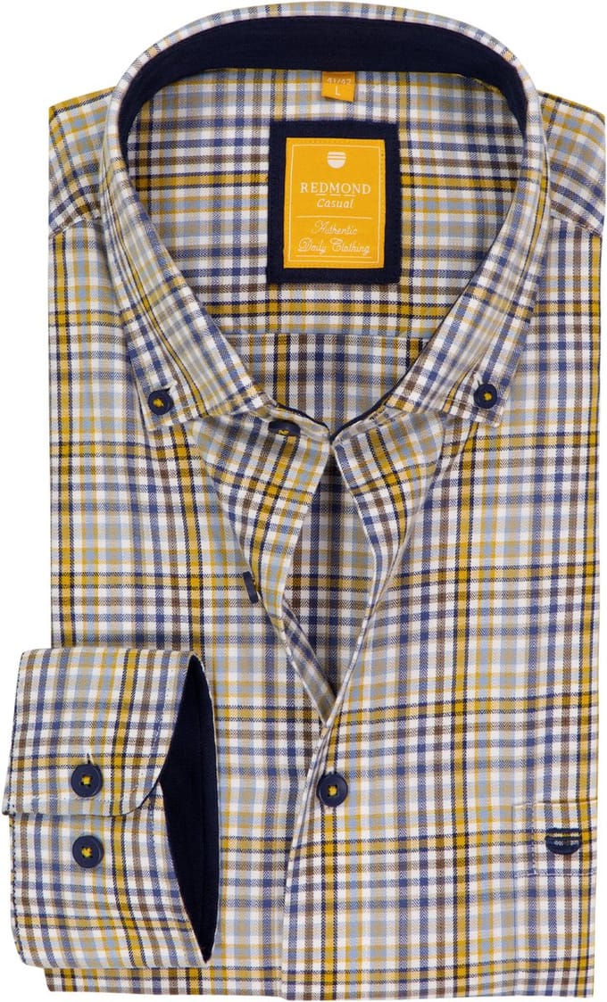 Redmond modern fit overhemd - twill - wit - geel - lichtblauw - donkerblauw geruit