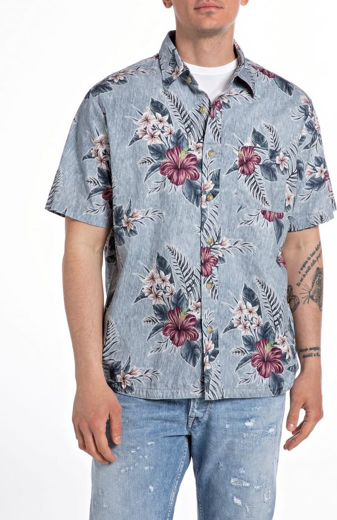 shirt ALL OVER PRINTED COTTON LT BLUE & HIBISCUS (M4119 .000.74920 - 010)