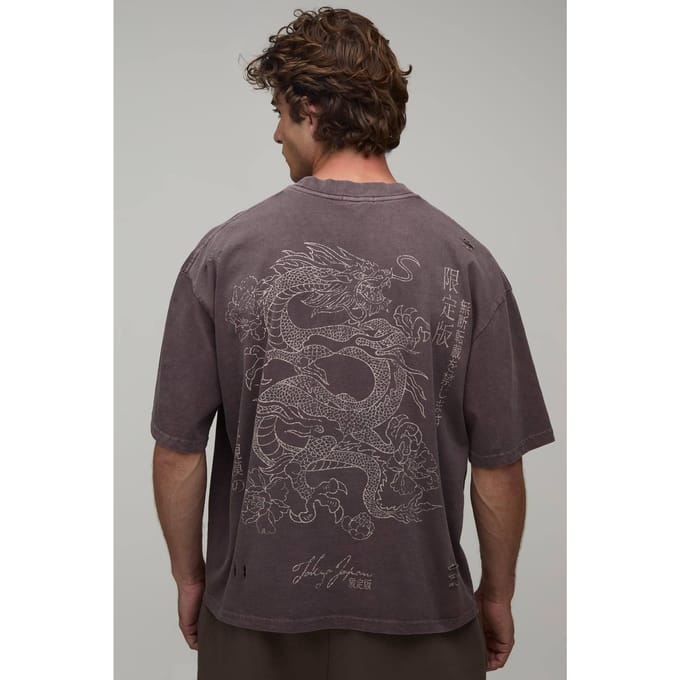 Verwassen Chocoladebruin Oversized Boxy T-shirt Met Drakenprint En Distressed Look | Washed Chocolate | Size Medium