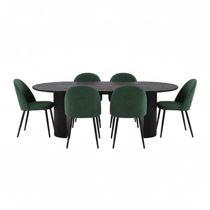 Kyoto eethoek eettafel donkerbruin, 6 stoelen met groene velours bekleding.
