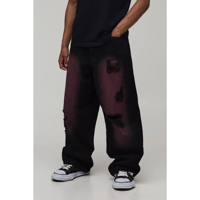 Roze Getinte Gescheurde & Gerepareerde Baggy Fit Jeans | Pink | Size 44R