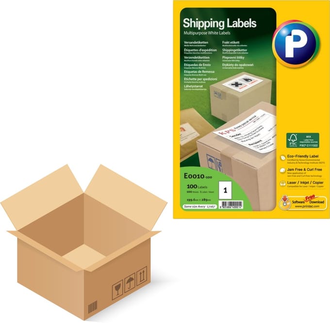 Printec Verzendetiketten - 100 Vel - 210x297mm - 1 Label per A4 - 1000 Stickers