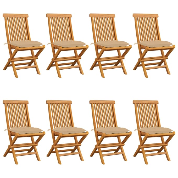 vidaXL - Opklapbare - stoelen - met - beige - kussens, - 8 - stuks, - massief - teakhout