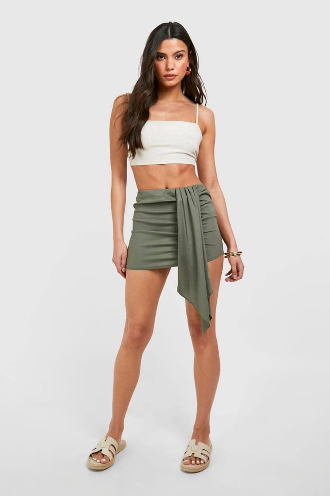 boohoo Dames Linnen Look Gepanelleerde Drapeer Mini Rok | Kaki | Maat: 44