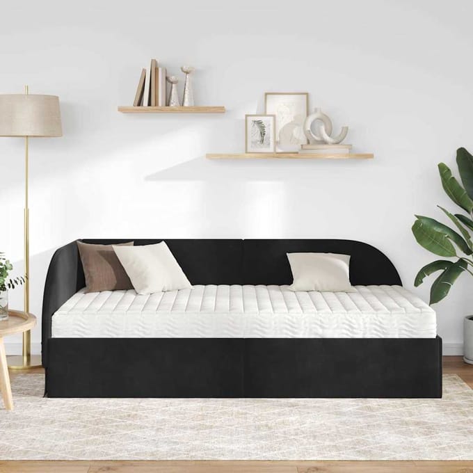 vidaXL - Hoekbedframe - met - Matras - 2 - st - Zwart - 90 - x - 190 - cm - Fluweel