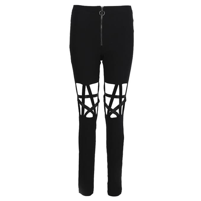 Gothic Punk Broek Dames Ruitjes Patchwork Chic Pentagram Holle Elastische Band Legging Dames Skinny Stretch Kokerbroek M gray