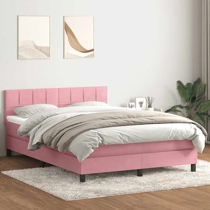 vidaXL - Boxspring - met - matras - fluweel - roze - 140x220 - cm