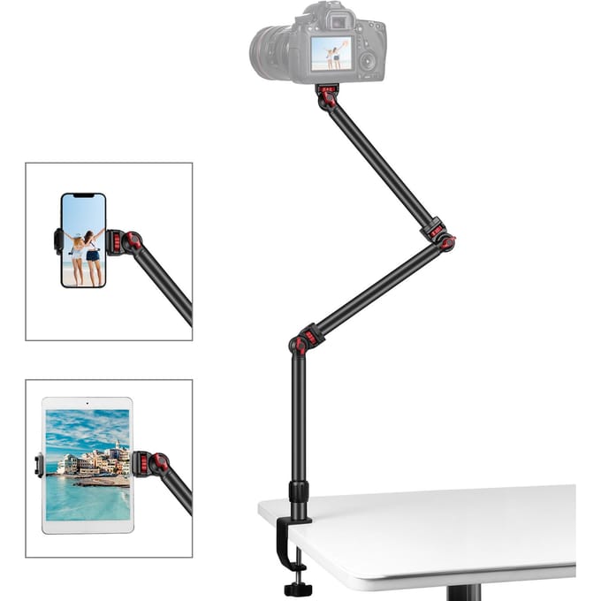 PULUZ PU3103B Desktop Live Streaming Stand 3-sectie Flexibele uitschuifbare armen CClamp Bureauhouder zwart