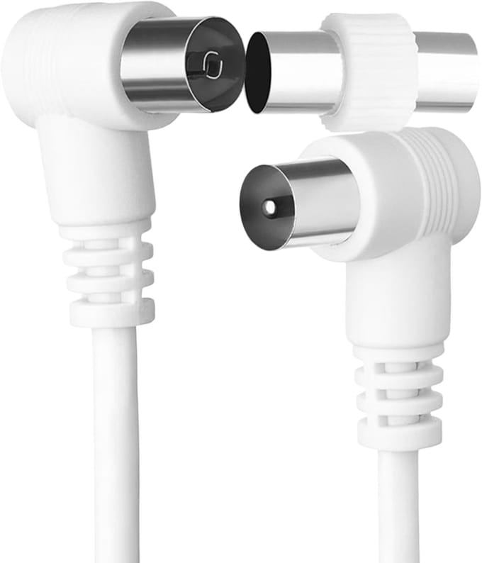 Force Case, Coaxiale TV Antennekabel 9.52mm - Haaks 90° Mannelijk/Vrouwelijk - Met Adapter - 2m, Wit